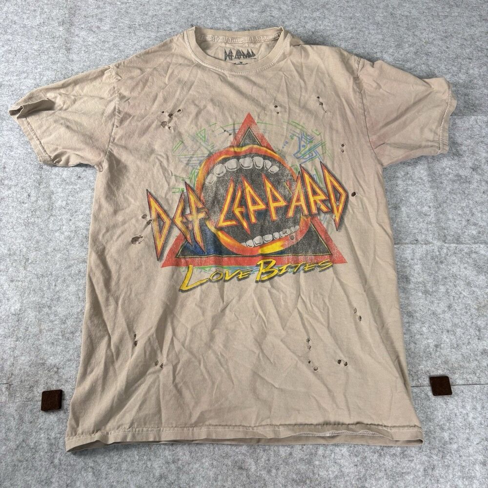 Def Leppard Love Bites Distressed Band Tee T Shirt 100% Cotton Beige S/M